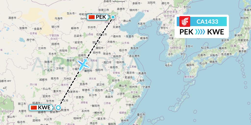 CA1433 Air China Flight Map: Beijing to Guiyang