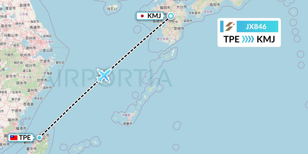 JX846 Starlux Airlines Flight Map: Taipei to Kumamoto