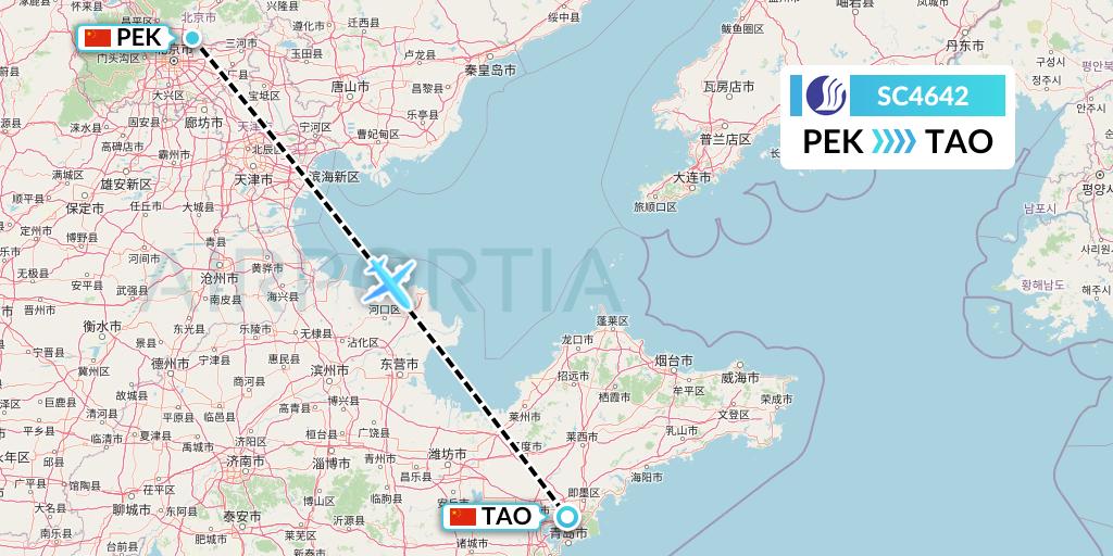SC4642 Shandong Airlines Flight Map: Beijing to Qingdao