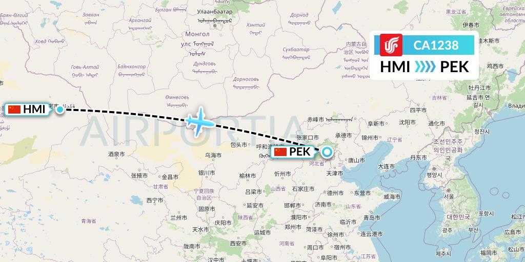 CA1238 Air China Flight Map: Hami City to Beijing