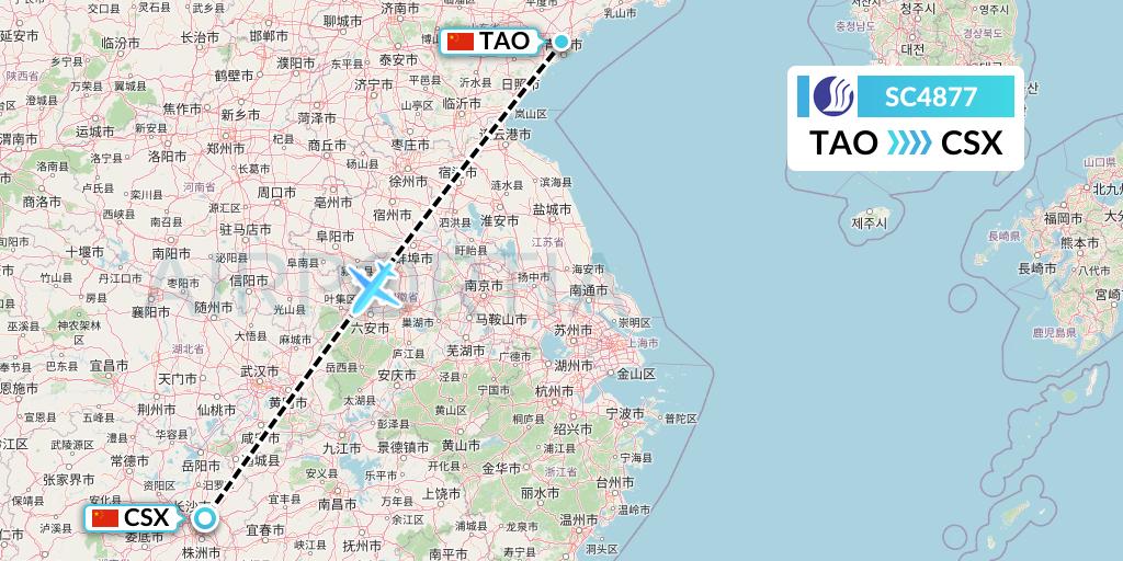 SC4877 Shandong Airlines Flight Map: Qingdao to Changsha