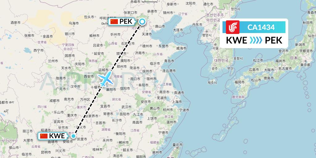 CA1434 Air China Flight Map: Guiyang to Beijing