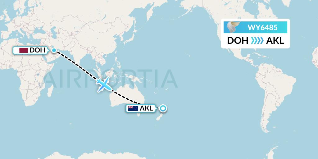 WY6485 Oman Air Flight Map: Doha to Auckland