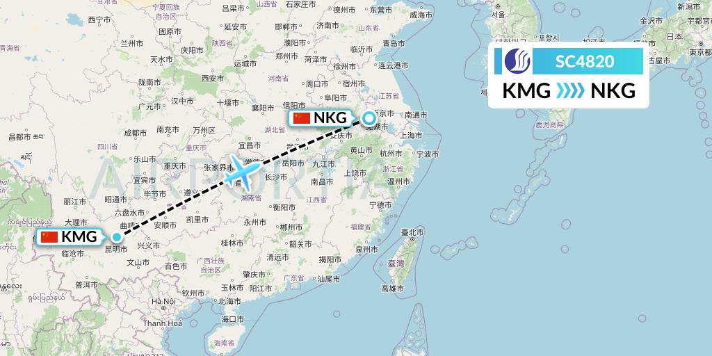SC4820 Shandong Airlines Flight Map: Kunming to Nanjing