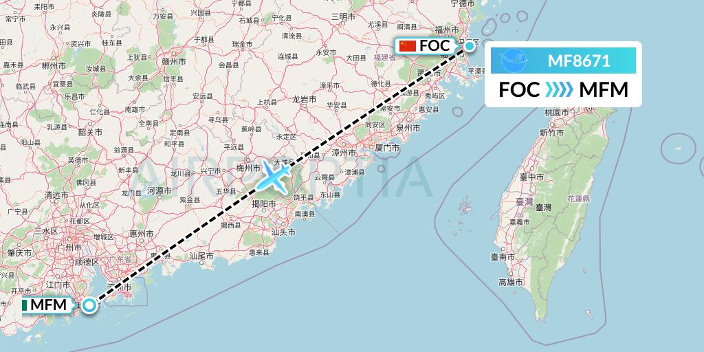 MF8671 Xiamen Airlines Flight Map: Fuzhou to Macau