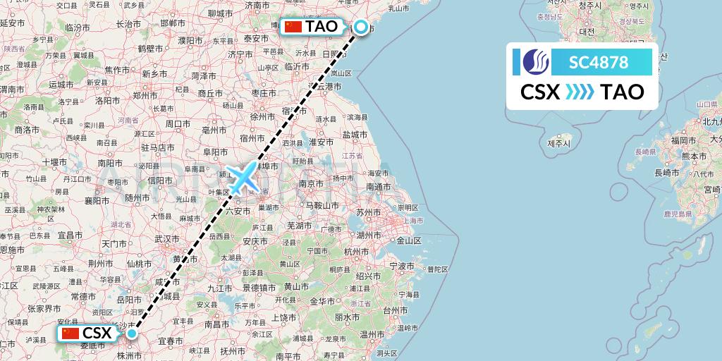 SC4878 Shandong Airlines Flight Map: Changsha to Qingdao