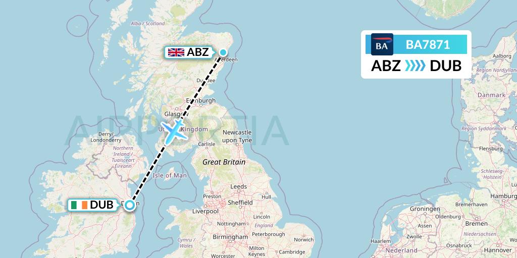 BA7871 British Airways Flight Map: Aberdeen to Dublin