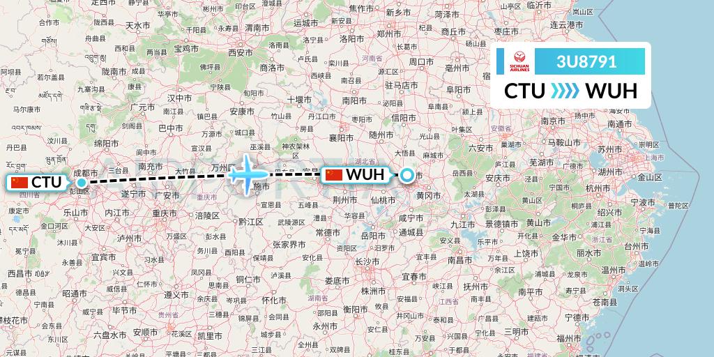 3U8791 Sichuan Airlines Flight Map: Chengdu to Wuhan