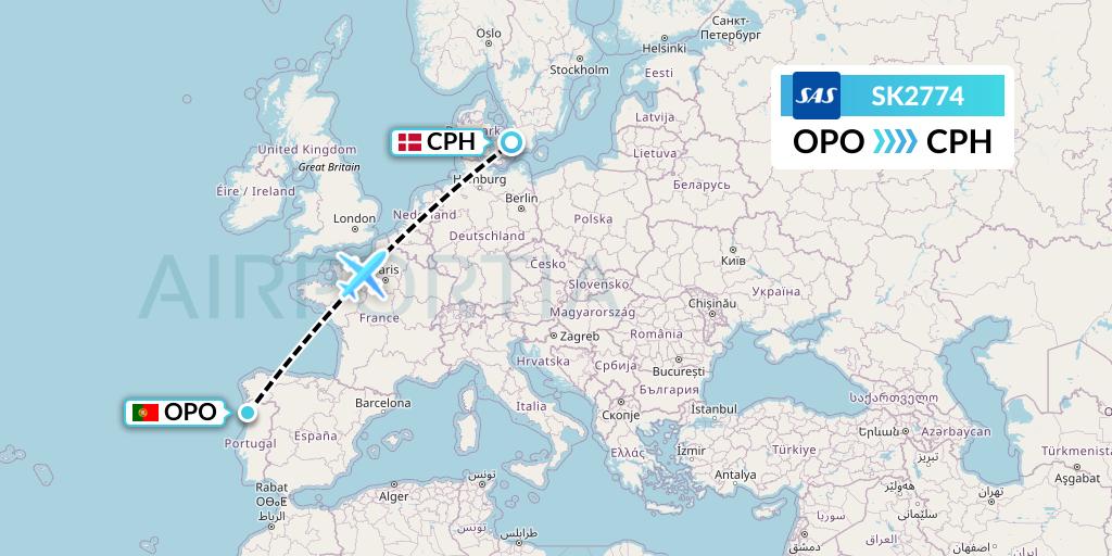 SK2774 SAS Flight Map: Porto to Copenhagen