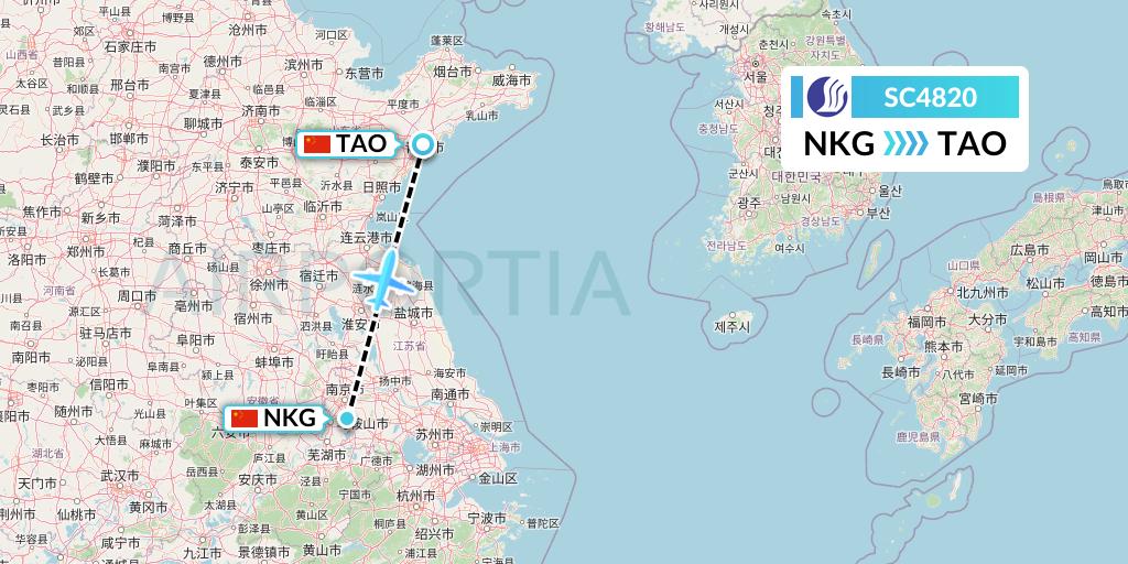 SC4820 Shandong Airlines Flight Map: Nanjing to Qingdao