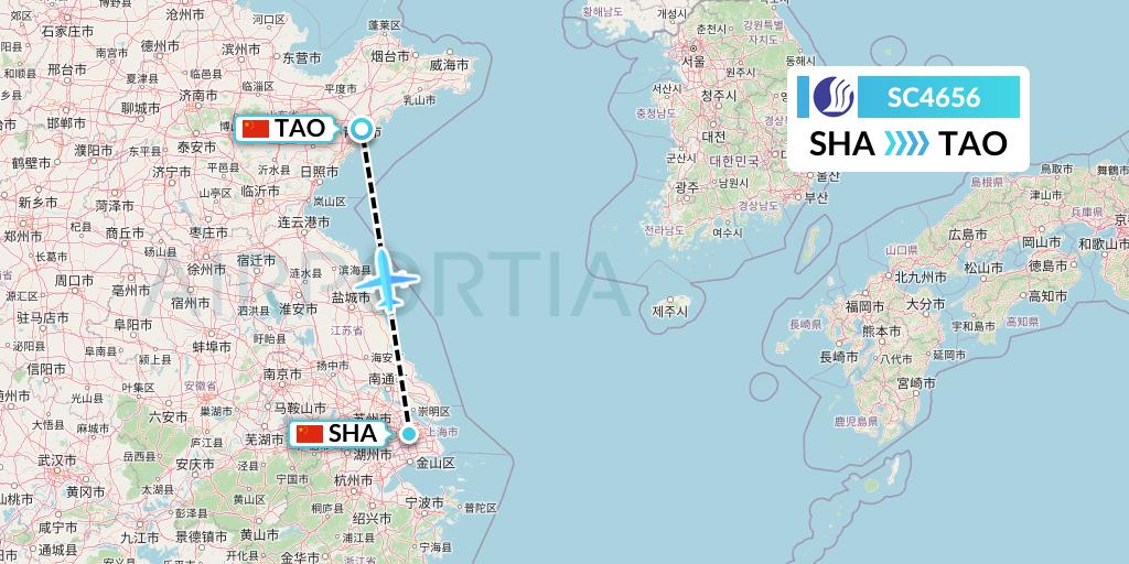 SC4656 Shandong Airlines Flight Map: Shanghai to Qingdao
