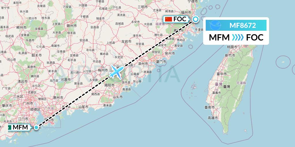 MF8672 Xiamen Airlines Flight Map: Macau to Fuzhou