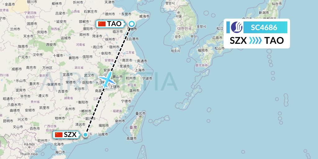 SC4686 Shandong Airlines Flight Map: Shenzhen to Qingdao