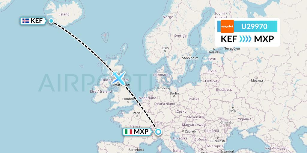 U29970 EasyJet Flight Map: Reykjavik to Milan
