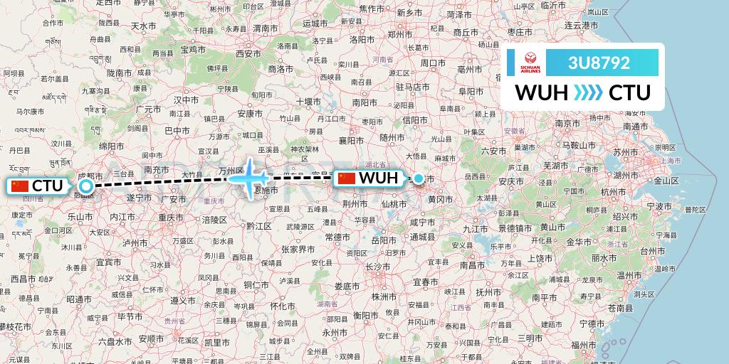 3U8792 Sichuan Airlines Flight Map: Wuhan to Chengdu