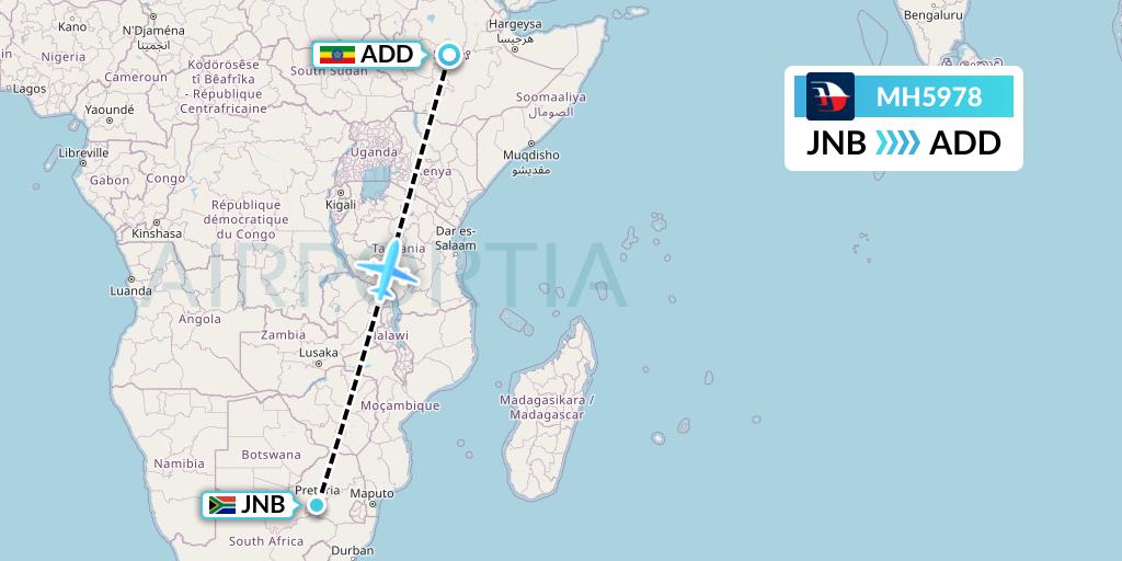 MH5978 Malaysia Airlines Flight Map: Johannesburg to Addis Ababa