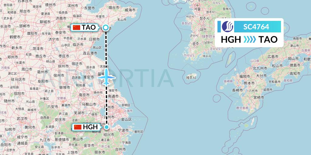 SC4764 Shandong Airlines Flight Map: Hangzhou to Qingdao