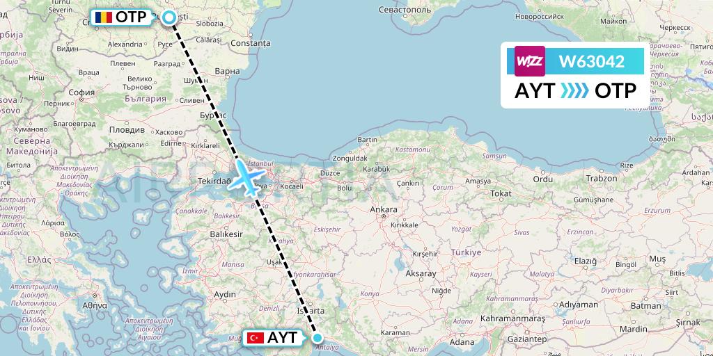 W63042 Wizz Air Flight Map: Antalya to Bucharest