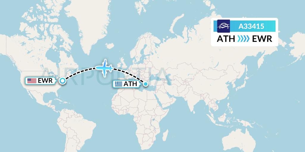 A33415 Aegean Airlines Flight Map: Athens to New York