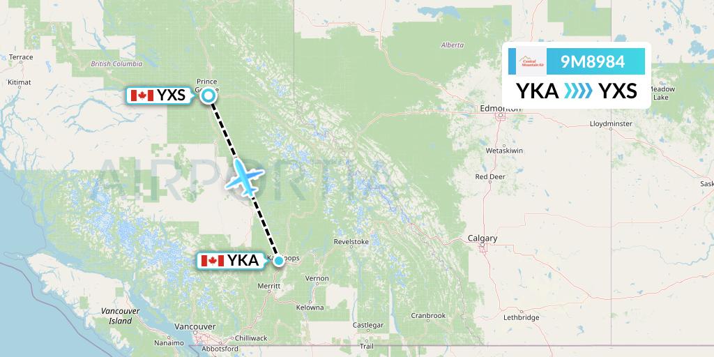 9M8984 Central Mountain Air Flight Map: Kamloops to Prince George
