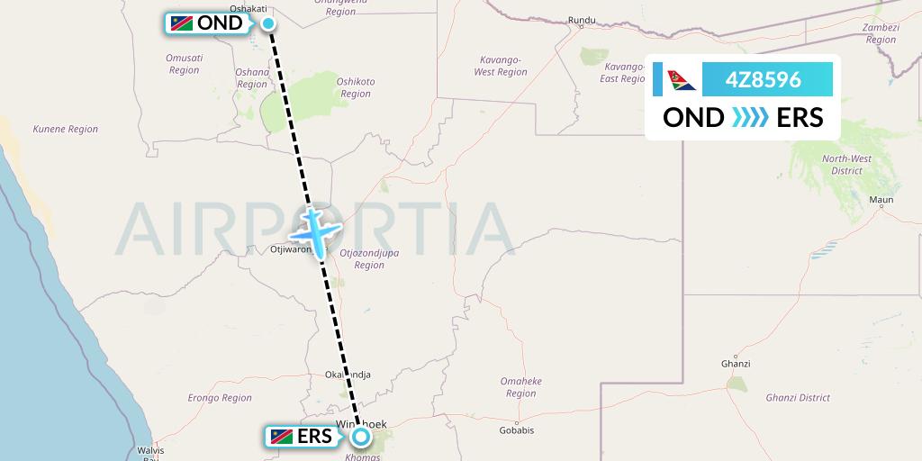 4Z8596 Airlink Flight Map: Ondangwa to Windhoek