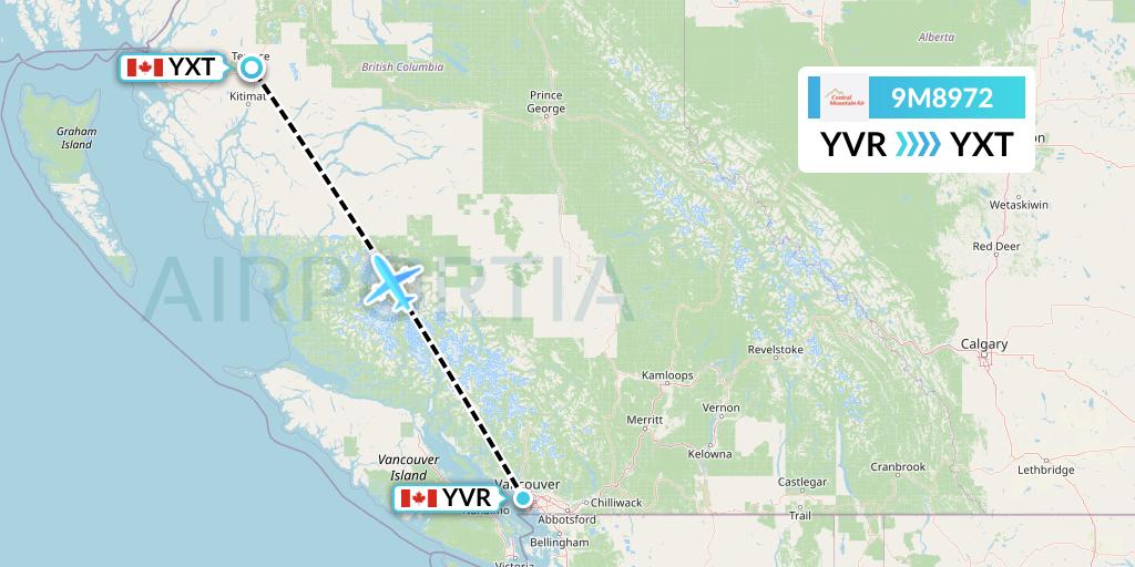 9M8972 Central Mountain Air Flight Map: Vancouver to Terrace