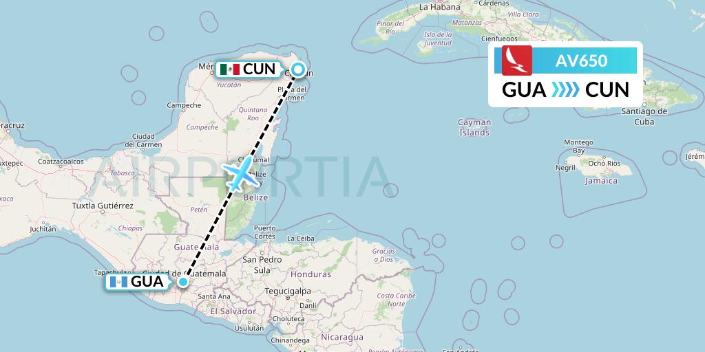 AV650 Avianca Flight Map: Guatemala City to Cancun