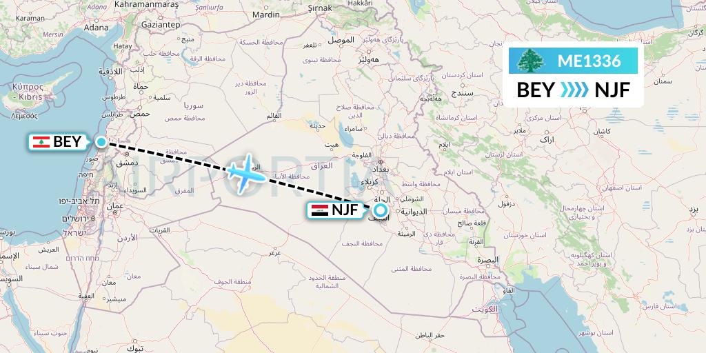 ME1336 MEA Flight Map: Beirut to Najaf