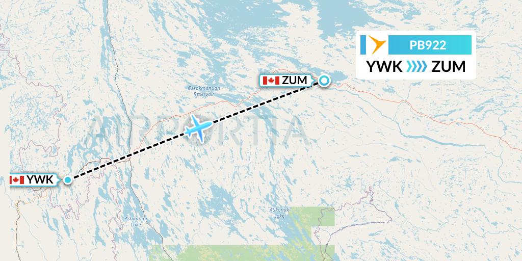 PB922 PAL Airlines Flight Map: Wabush to Churchill Falls