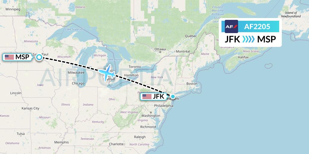 AF2205 Air France Flight Map: New York to Minneapolis