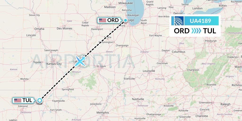 UA4189 United Airlines Flight Map: Chicago to Tulsa