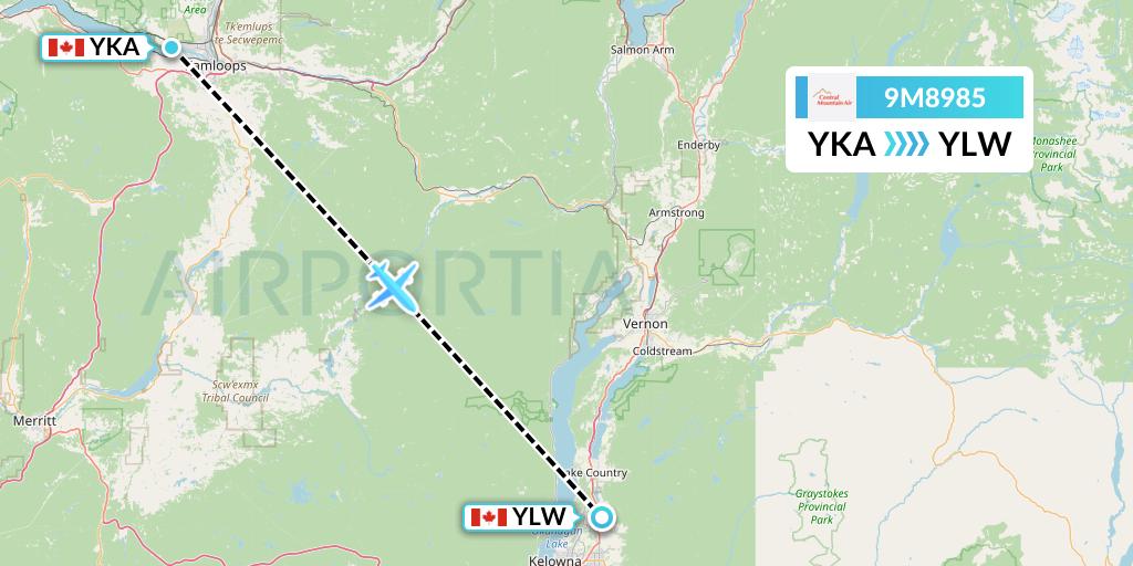 9M8985 Central Mountain Air Flight Map: Kamloops to Kelowna