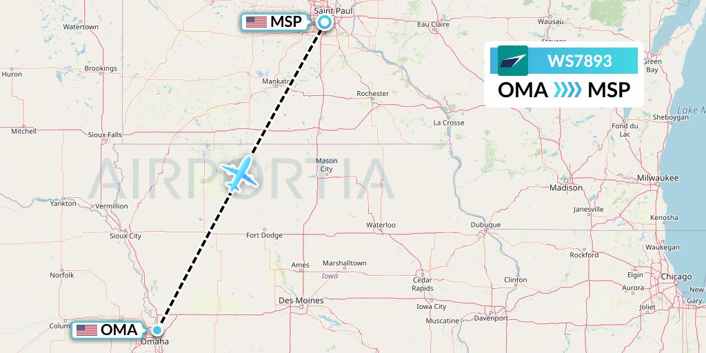 WS7893 WestJet Flight Map: Omaha to Minneapolis
