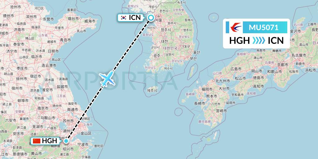 MU5071 China Eastern Airlines Flight Map: Hangzhou to Seoul