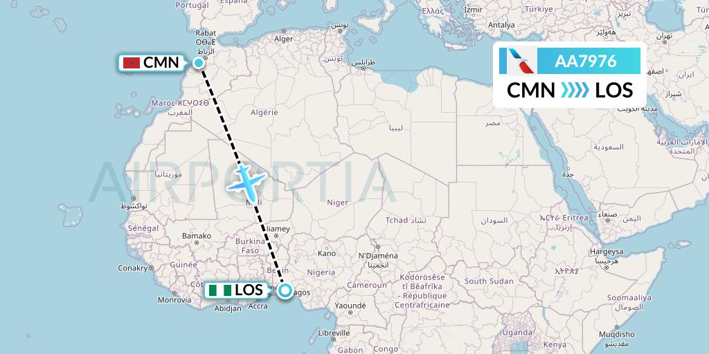 AA7976 American Airlines Flight Map: Casablanca to Lagos