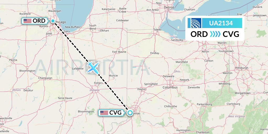 UA2134 United Airlines Flight Map: Chicago to Cincinnati