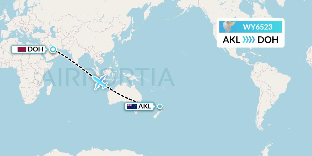 WY6523 Oman Air Flight Map: Auckland to Doha