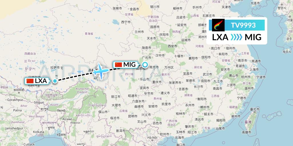 TV9993 Tibet Airlines Flight Map: Lhasa to Mianyang