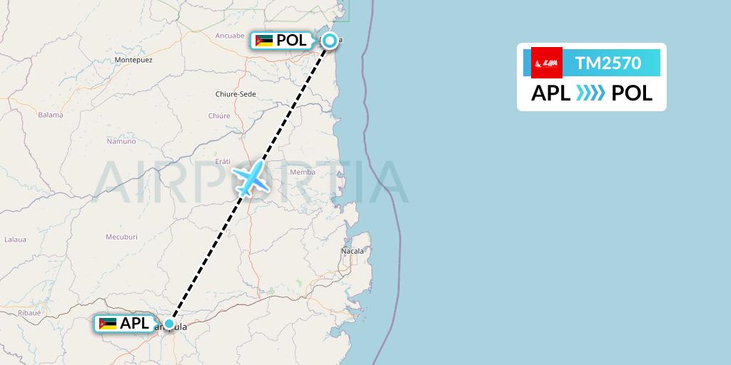 TM2570 LAM Mozambique Airlines Flight Map: Nampula to Pemba