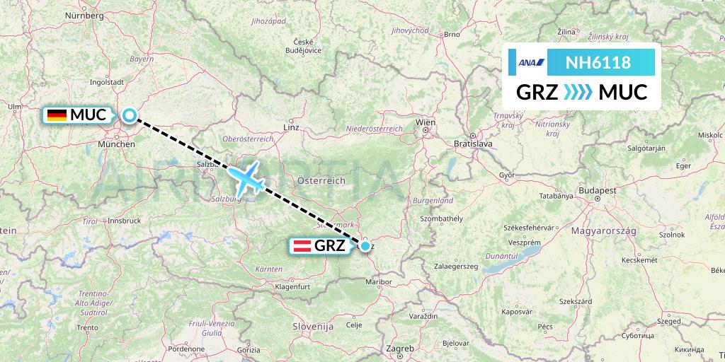 NH6118 All Nippon Airways Flight Map: Graz to Munich