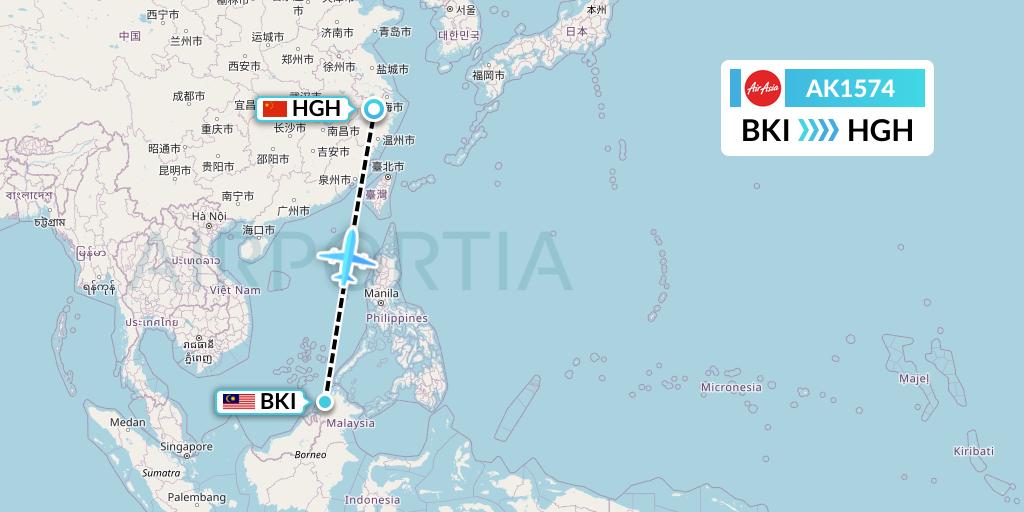 AK1574 AirAsia Flight Map: Kota Kinabalu to Hangzhou