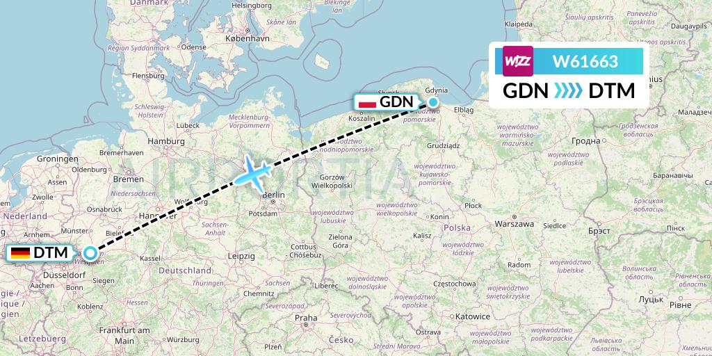 W61663 Wizz Air Flight Map: Gdansk to Dortmund