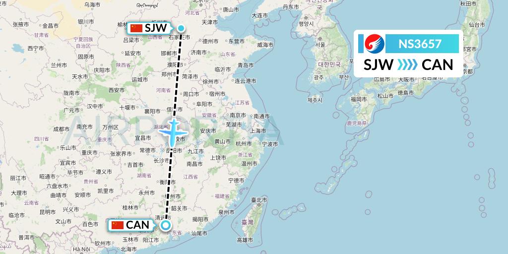 NS3657 Hebei Airlines Flight Map: Shijiazhuang to Guangzhou