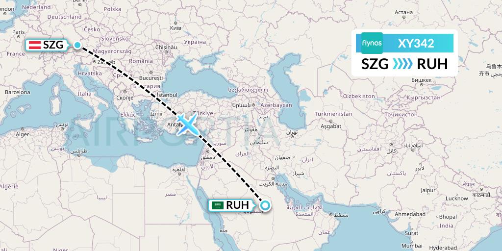 XY342 Flynas Flight Map: Salzburg to Riyadh