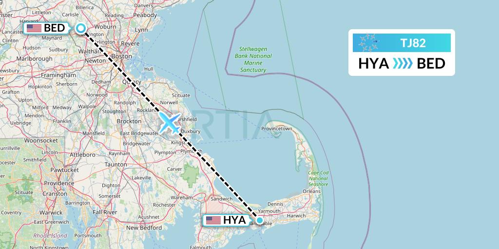 TJ82 Tradewind Aviation Flight Map: Hyannis to Bedford
