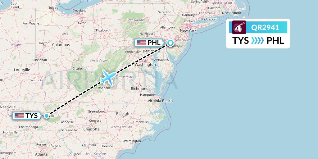 QR2941 Qatar Airways Flight Map: Knoxville to Philadelphia
