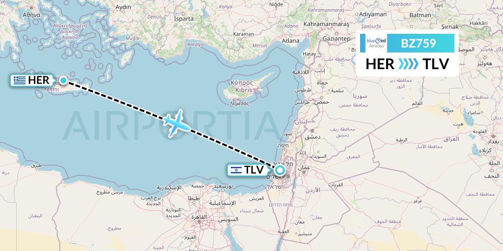 BZ759 Bluebird Airways Flight Map: Heraklion to Tel Aviv