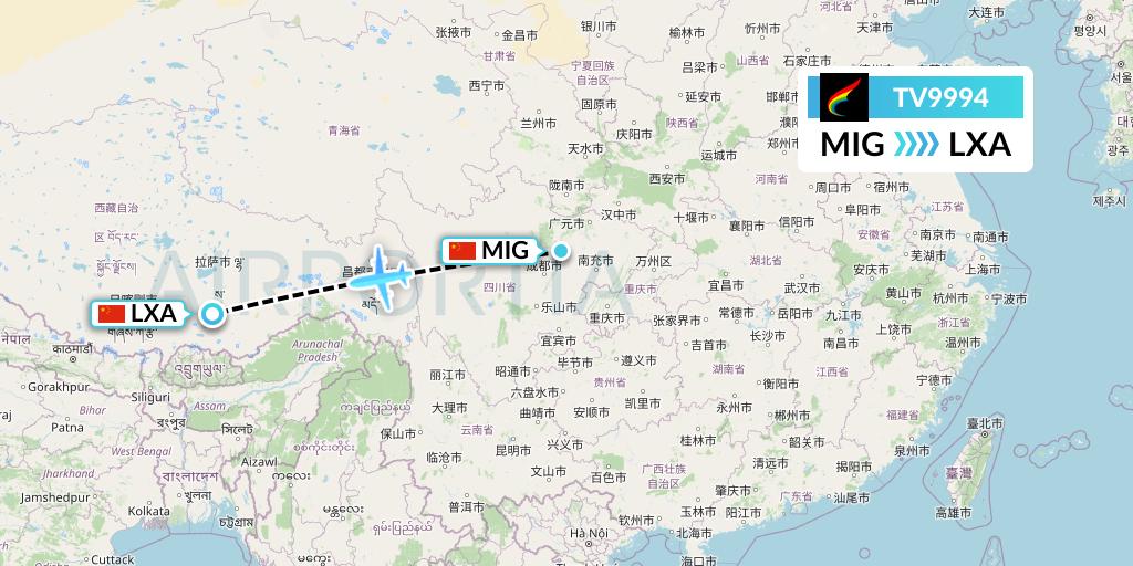 TV9994 Tibet Airlines Flight Map: Mianyang to Lhasa