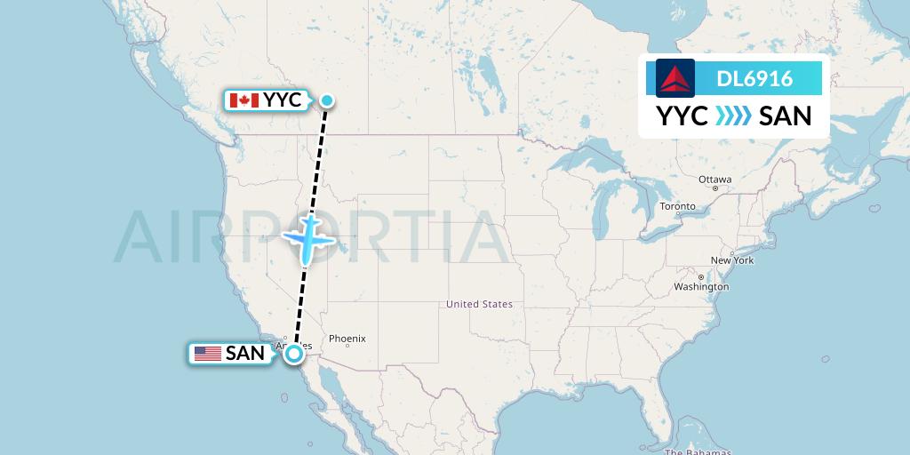 DL6916 Delta Air Lines Flight Map: Calgary to San Diego