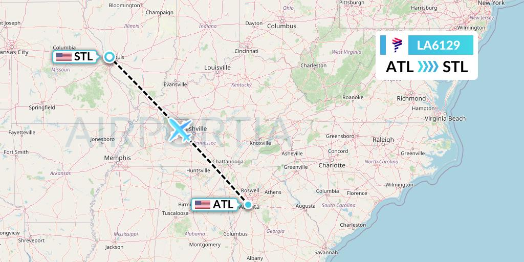 LA6129 LAN Airlines Flight Map: Atlanta to St. Louis